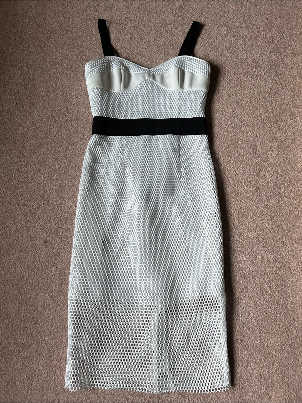 Milly White Mesh Midi Dress with Black Straps and Waistband